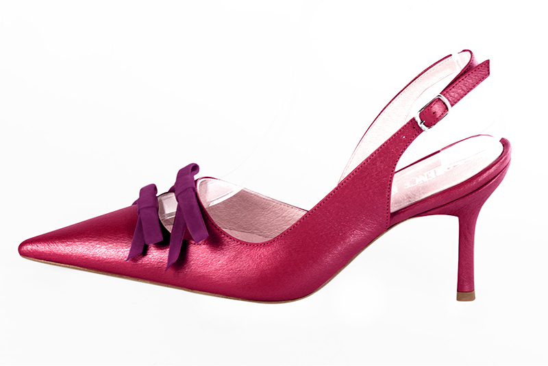 Fuschia pink and mulberry purple women's open back shoes, with a knot. Pointed toe. High slim heel. Profile view - Florence KOOIJMAN